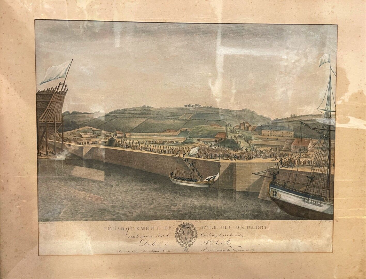 Null 贝里公爵流亡归来

"1814年4月13日贝里公爵在瑟堡登岸

彩色雕刻

35 x 45厘米（湿润和凹陷，边缘缺失）。