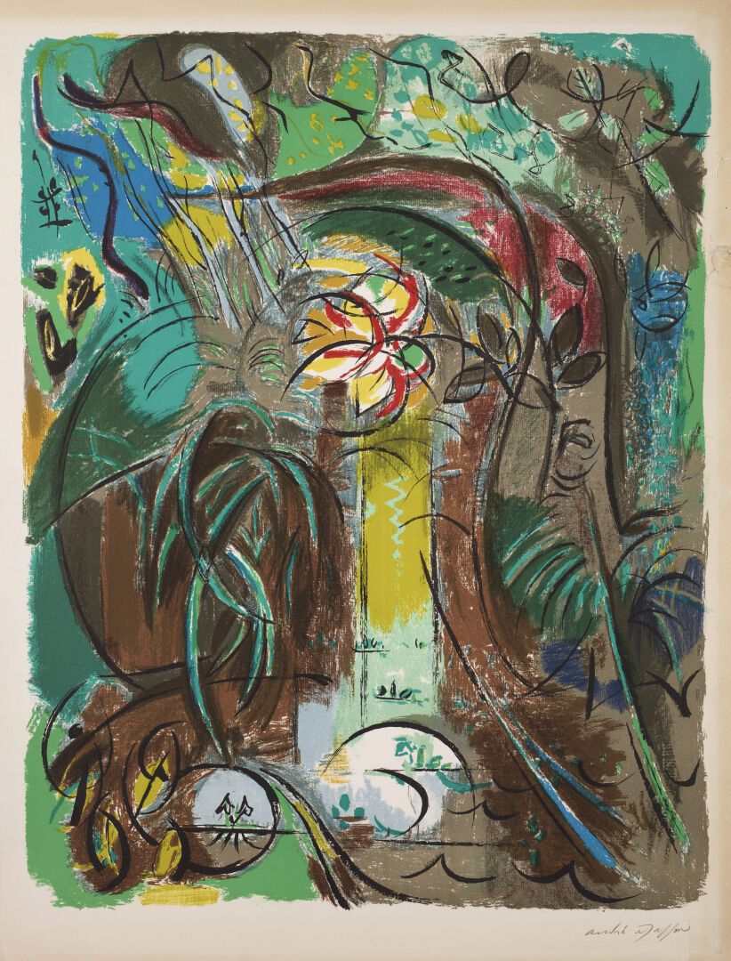 Null André Masson (1896-1987)

丛林；有鱼的构图。大约在1980年。

彩色石版画。在牛皮纸上的2个良好校样的会议，用铅笔签名。所&hellip;
