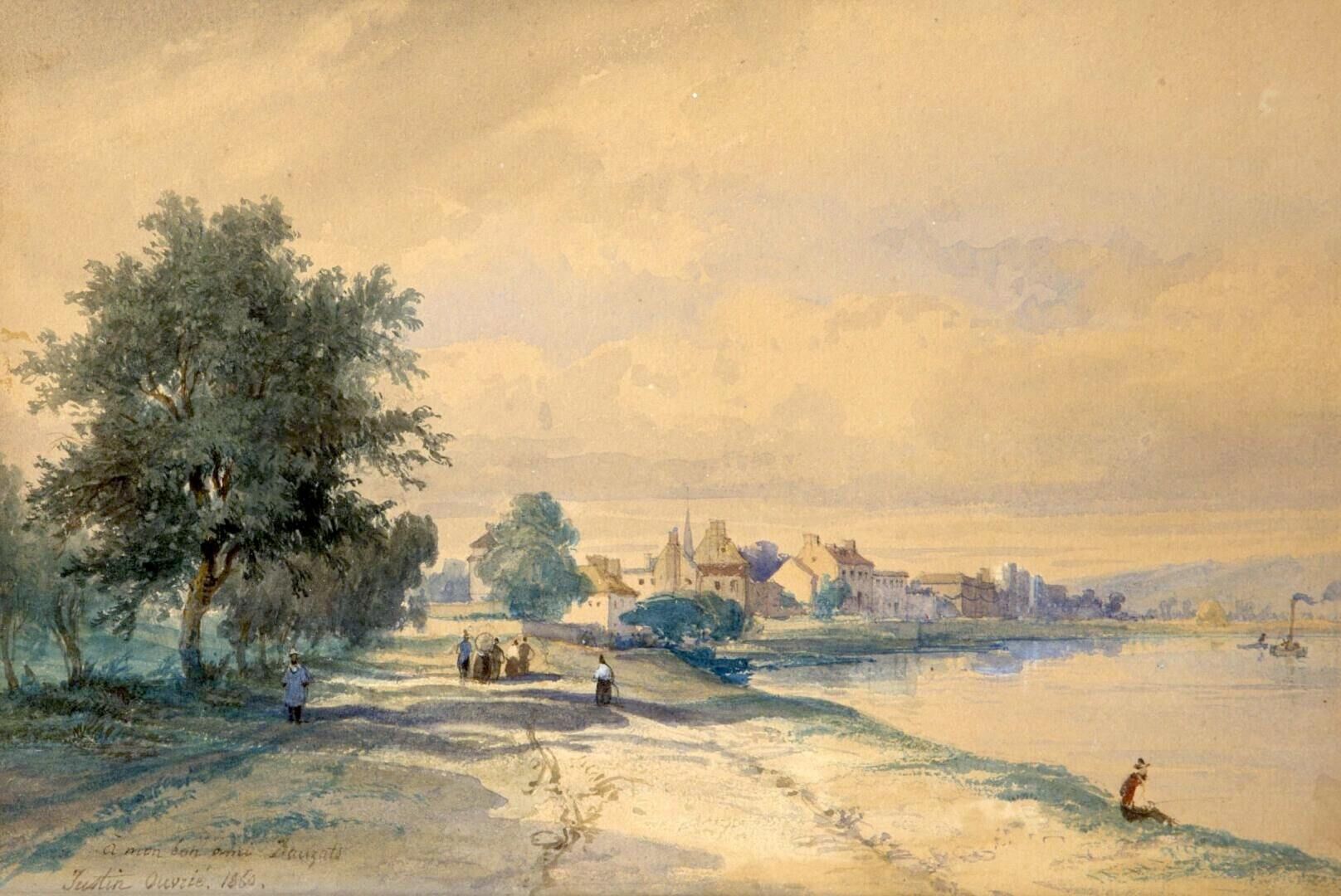Null 贾斯汀-皮埃尔-乌弗莱 (1806-1879)

河边热闹的道路

已签名的水彩画，日期为1860年，并献给 "给我的好朋友Dauzat"，左下角。
&hellip;