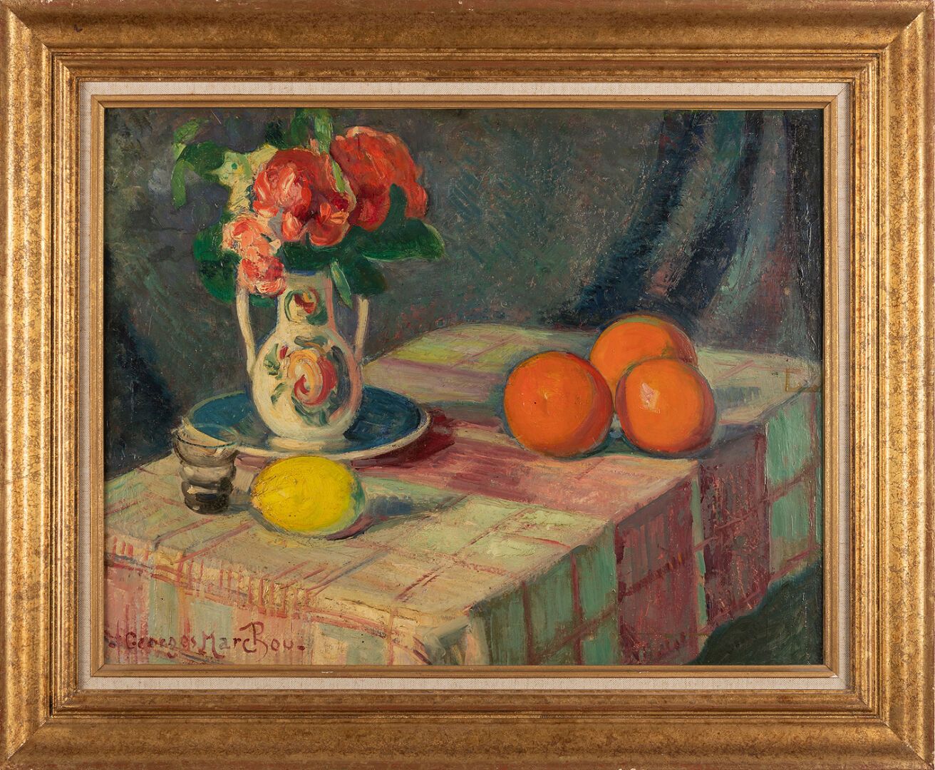 Null Georges MARCHOU (1898-1984)

鲜花和水果的静物画

布面油画，左下角有签名

49 x 63 cm