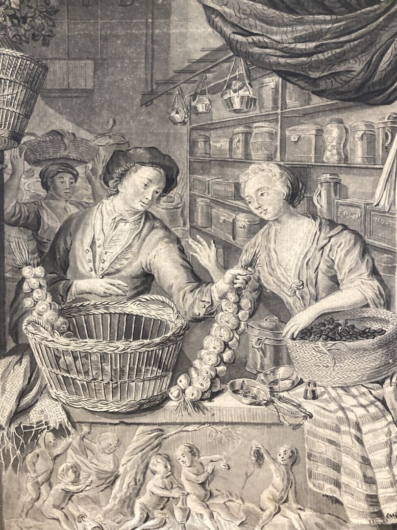Null 归功于威廉-凡-米利斯（1662 - 1747）。
拿着胡萝卜和篮子在窗口的农妇
两幅画，钢笔和灰黑色墨水，灰色水洗
25.5 x 21.5 厘米