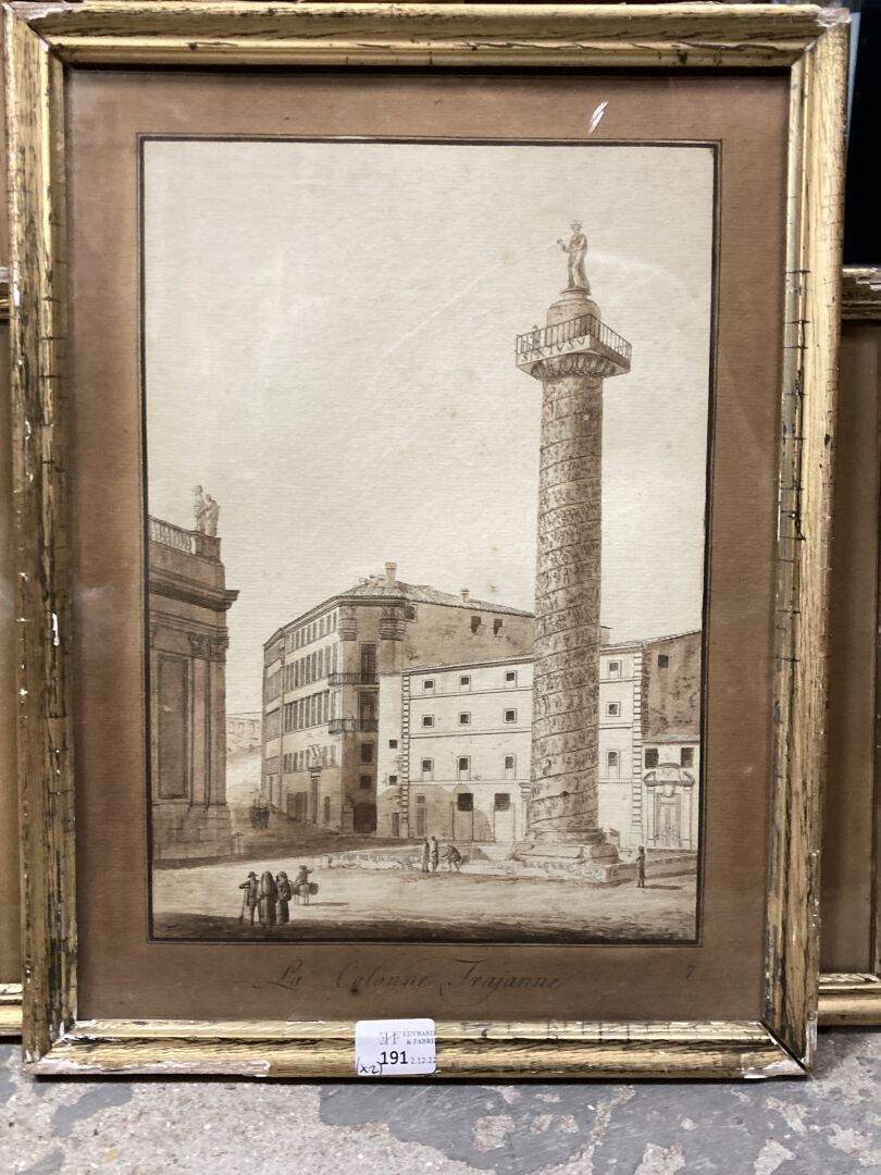 Null 19世纪的意大利学校
特拉扬柱""维斯塔神庙"
两幅水墨画
 25 x 18 cm - 18 x 26 cm