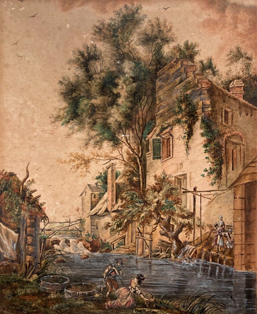 Null 18世纪的弗莱米什学校
牧羊人和洗衣妇在穿越村庄的河流附近
钢笔和棕色墨水，水彩画
24 x 19.5 cm