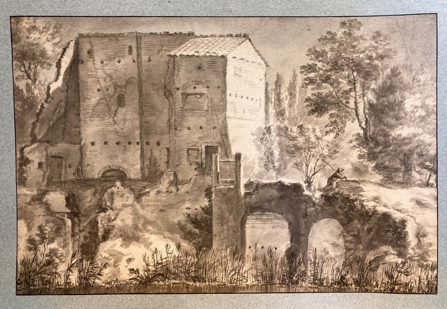 Null 归功于阿德里安-弗兰斯-布德温斯（1644 - 1711）。
带有防御性房屋和老桥的景观
钢笔和黑色、灰色墨水，灰色水墨
25.5 x 38.5厘米