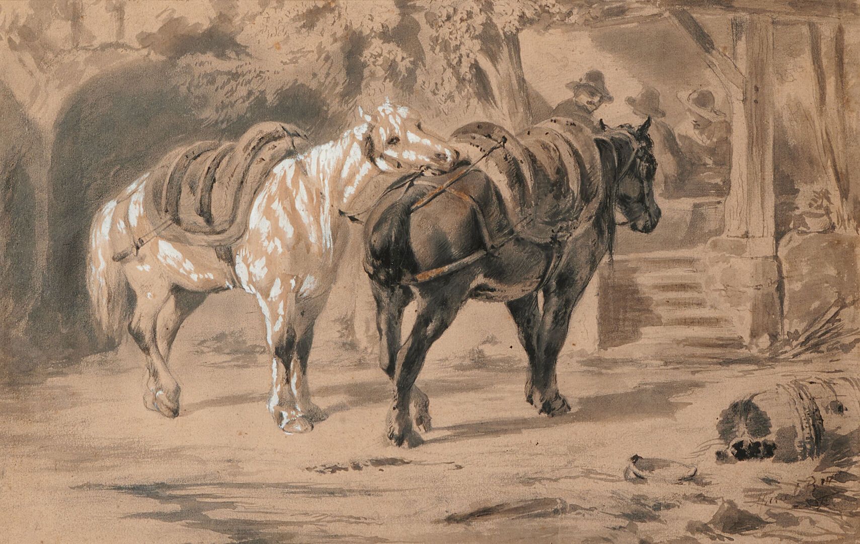 Null École FRANCAISE vers 1900
Deux chevaux 
Lavis noir et gris, rehauts de blan&hellip;
