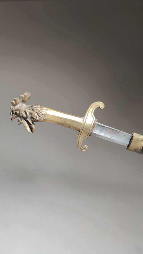 Null 法国：军刀，黄铜铸件。
手柄和巡航装置为一体，表面粗糙（可能是复制品）。
弯曲的刀身饰有卷轴。
皮革剑鞘上有两个黄铜配件。