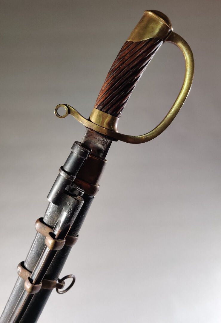 Null 俄罗斯龙剑，1881 年模型，亚历山大三世统治时期。
开槽木柄。黄铜安装。
单支剑柄。弧形剑身，两侧中空，剑跟处有 "1881 "字样。
皮质剑鞘，带&hellip;