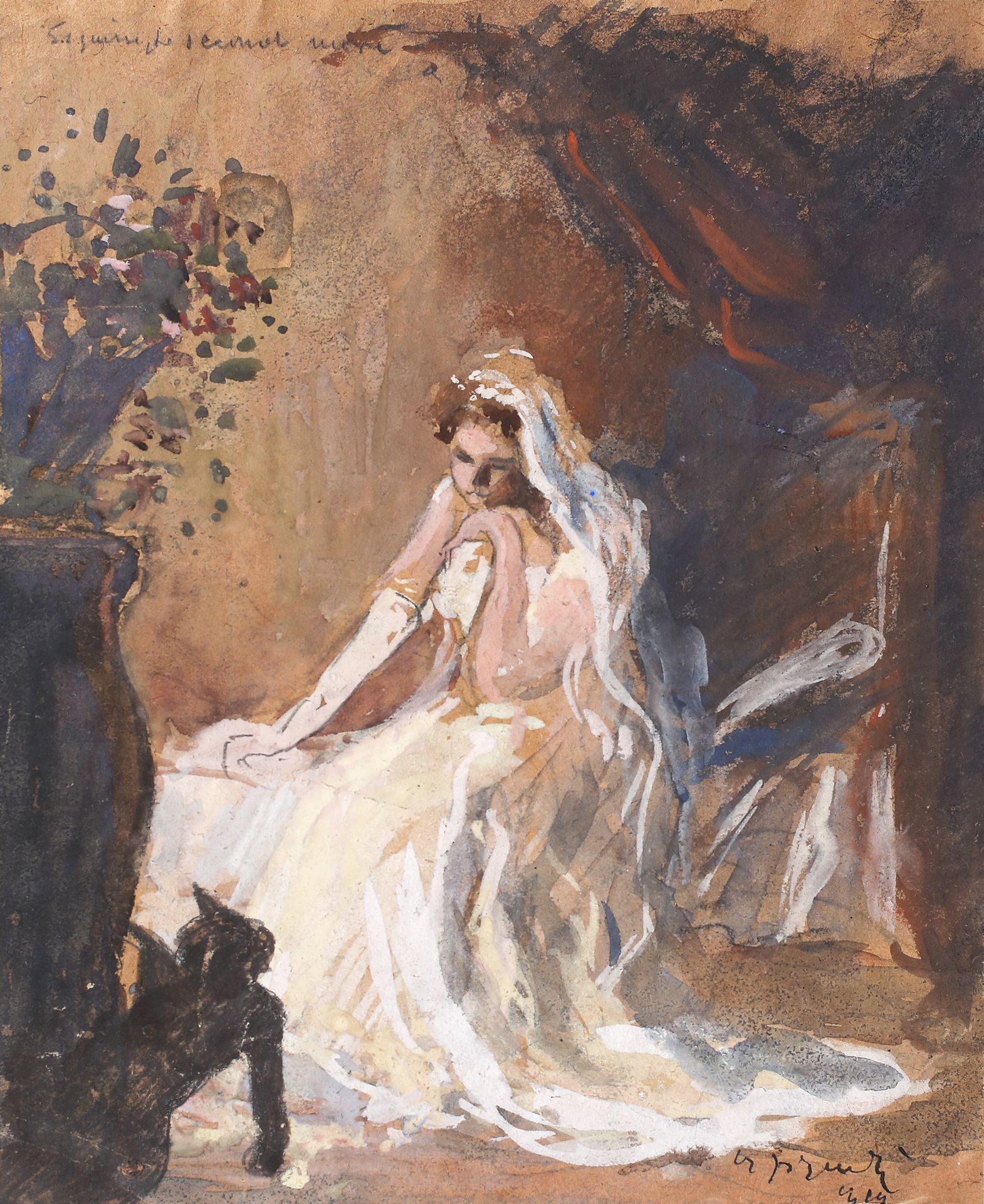 Aurel Jiquidi, Night of the Bride 纸上水彩、铅笔和水粉高光，21.5 × 17.5厘米，右下角有签名、日期和笔墨说明："A. &hellip;