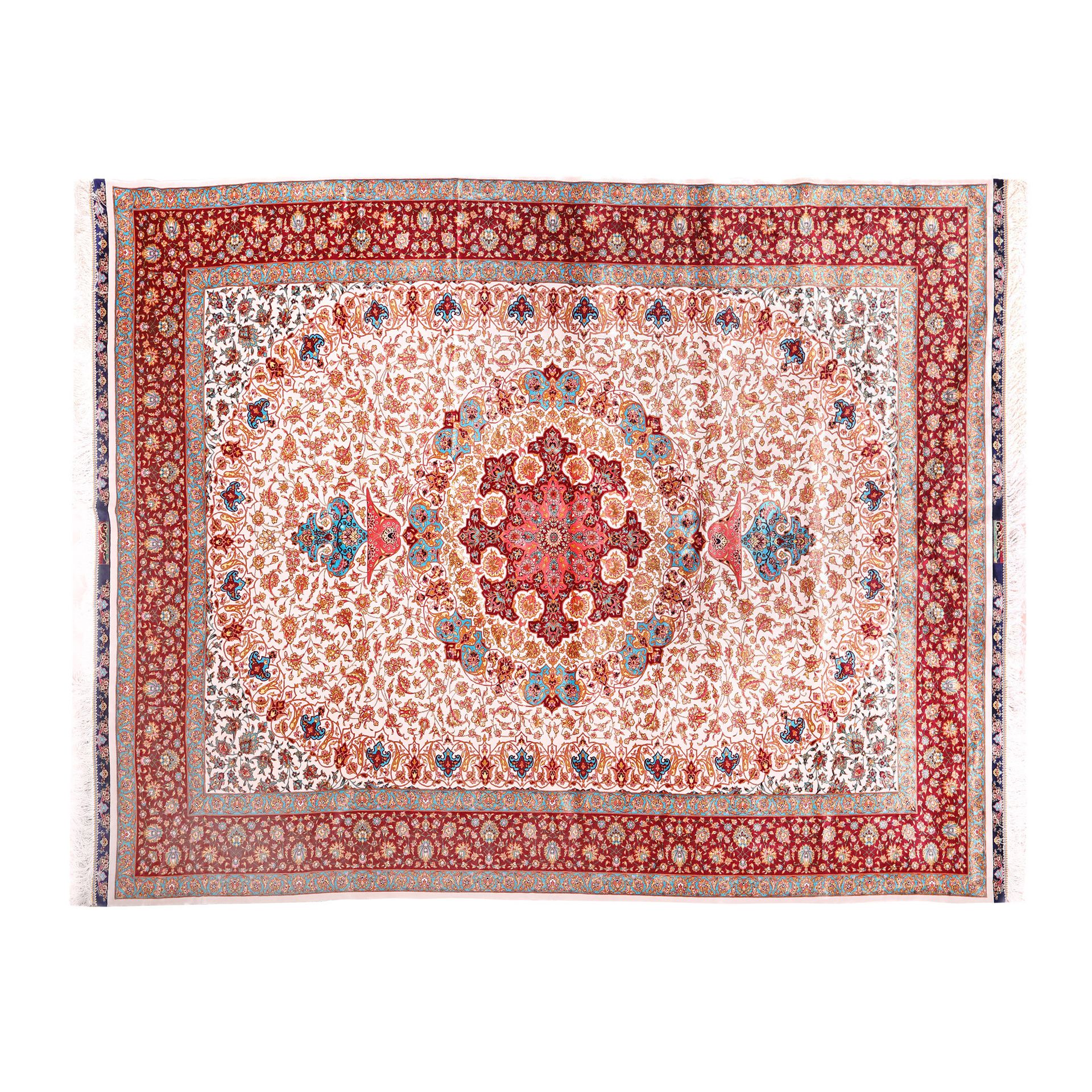 Qum silk carpet, decorated with elaborated floral motifs, Iran silk on silk warp&hellip;