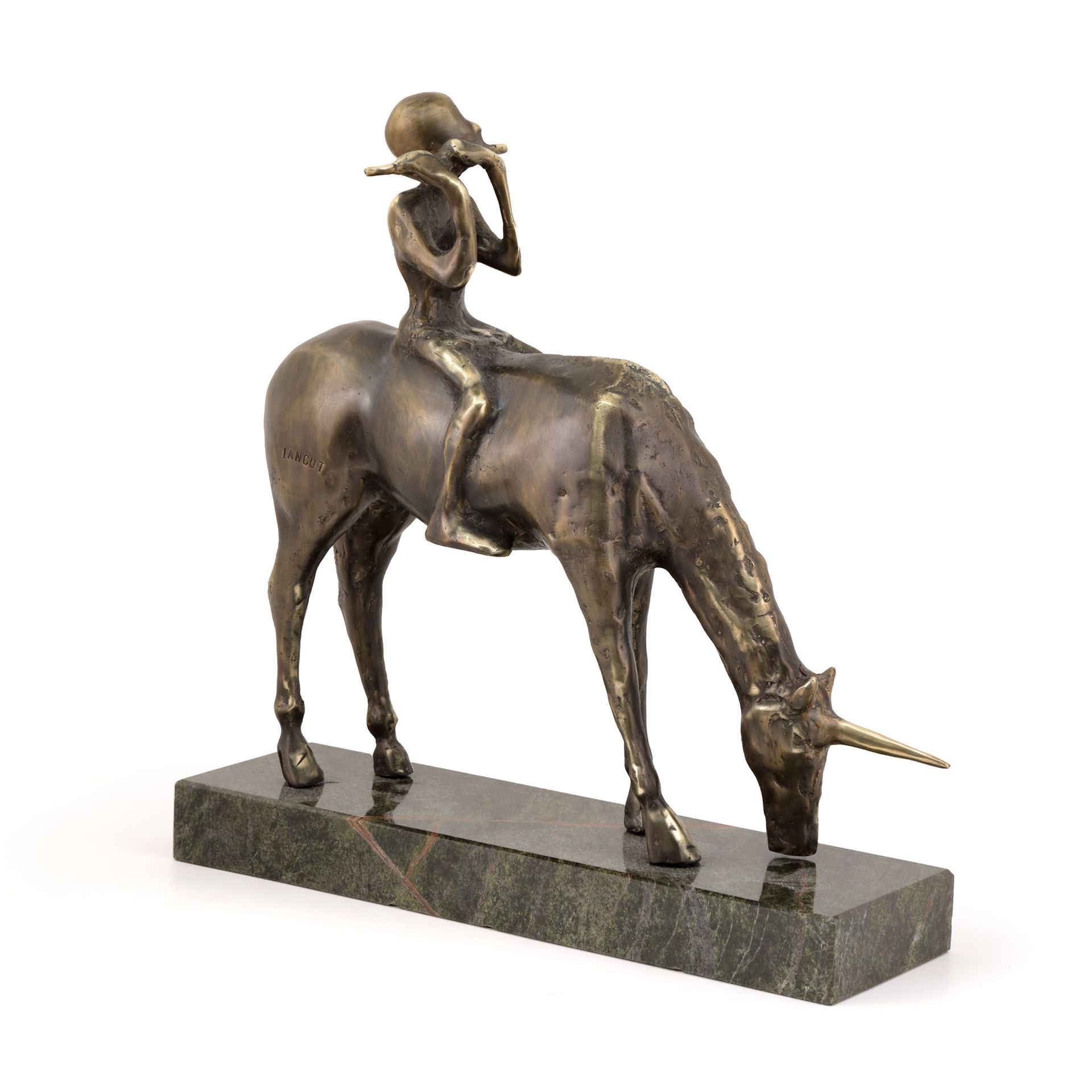 Ion Iancuţ, The Song of the Unicorn bronze, 37 x 38 x 8, signed on the back, "IA&hellip;