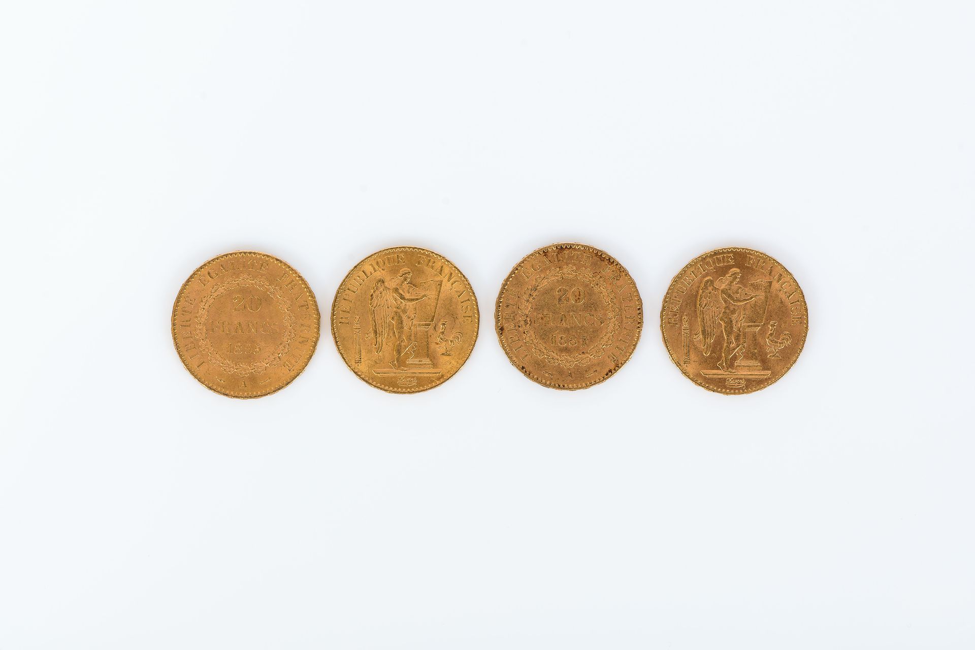 Null LOT de quatre pièces de 20 francs or au génie 

1886/A, 1887/A, 1895/A, 189&hellip;