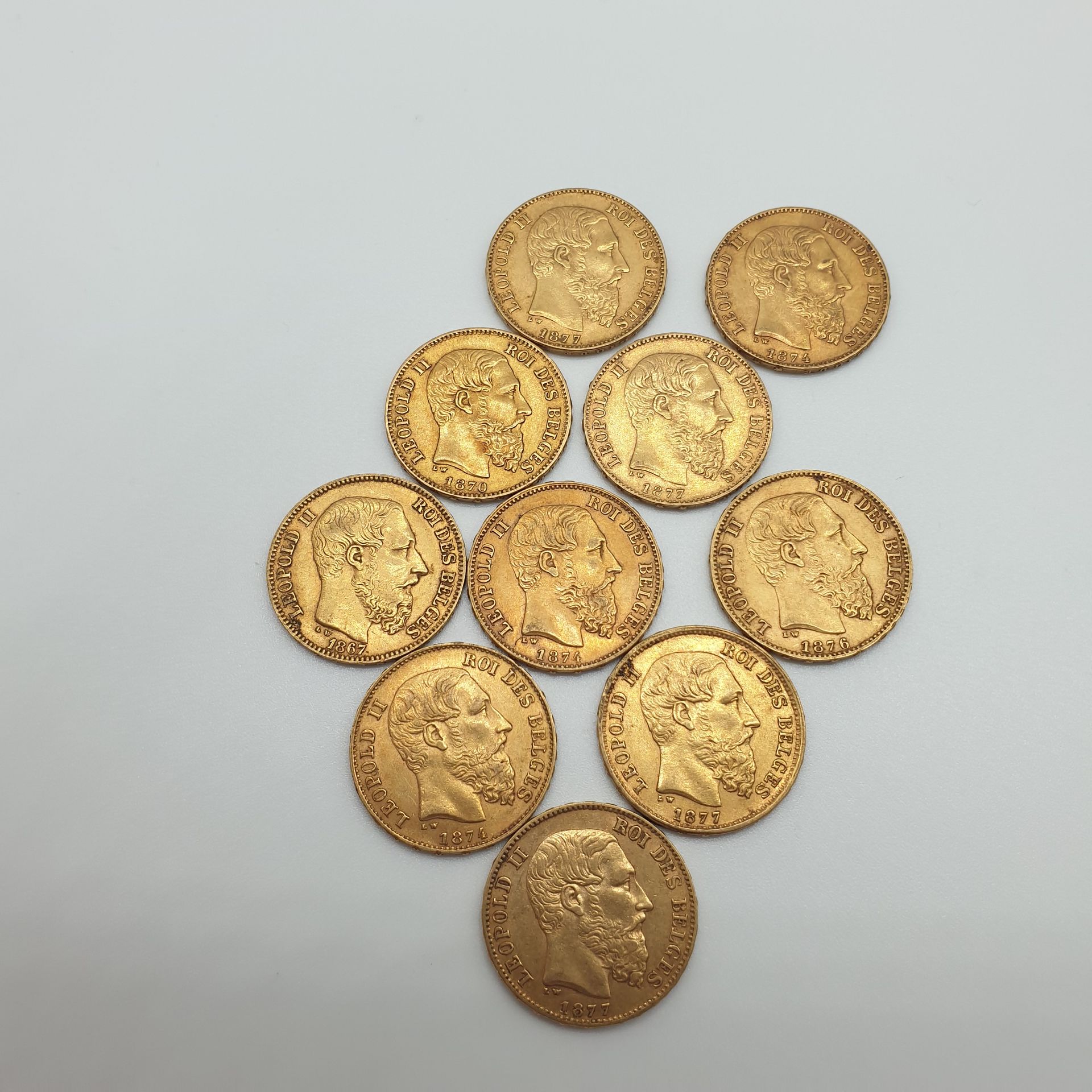 Null Lot de dix pièces de 20 francs or Léopold II Roi des Belges, 1876, 1874, 18&hellip;