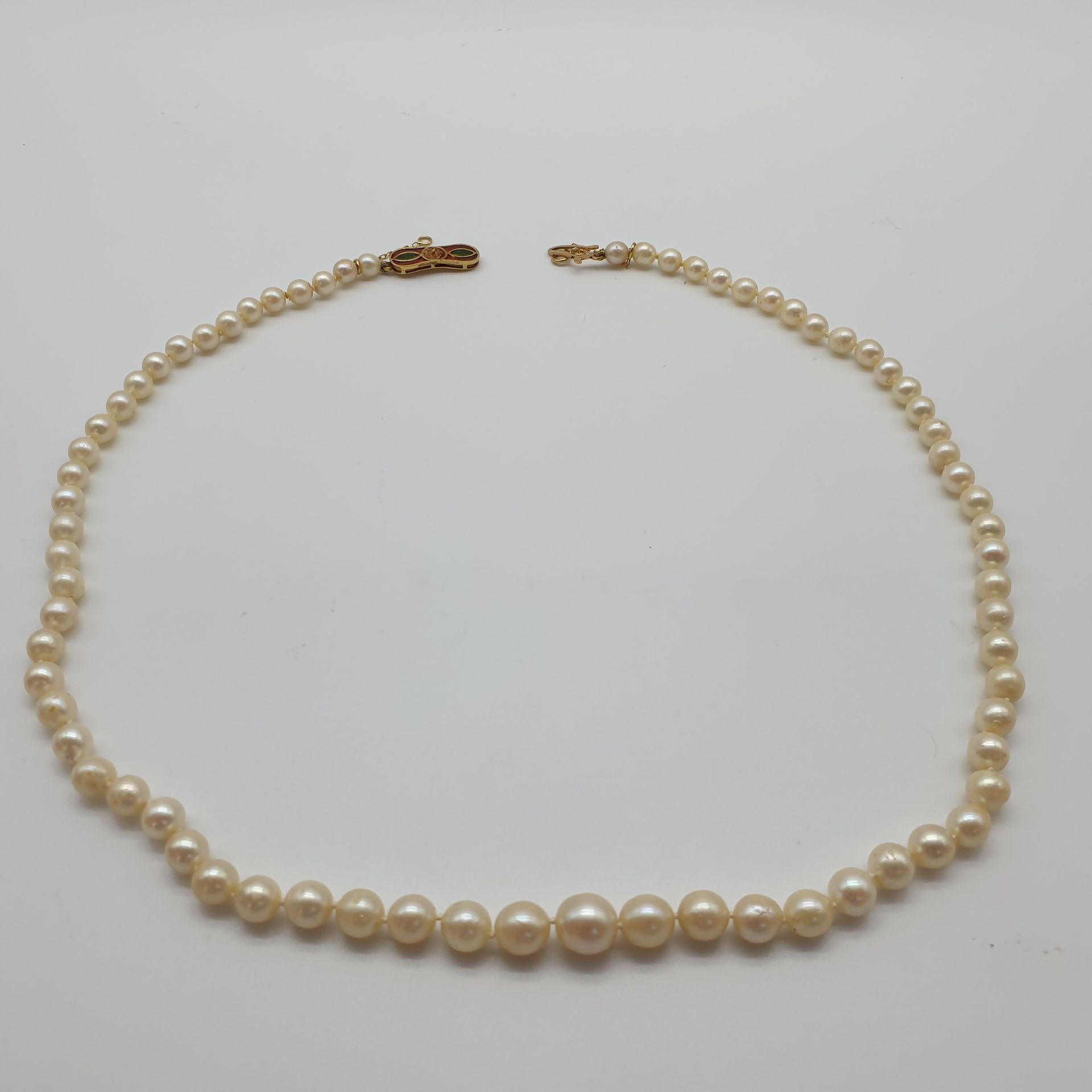 Null 
由72颗珍珠组成的项链，750黄金的珐琅质棘轮搭扣




扣子上少了一颗珍珠