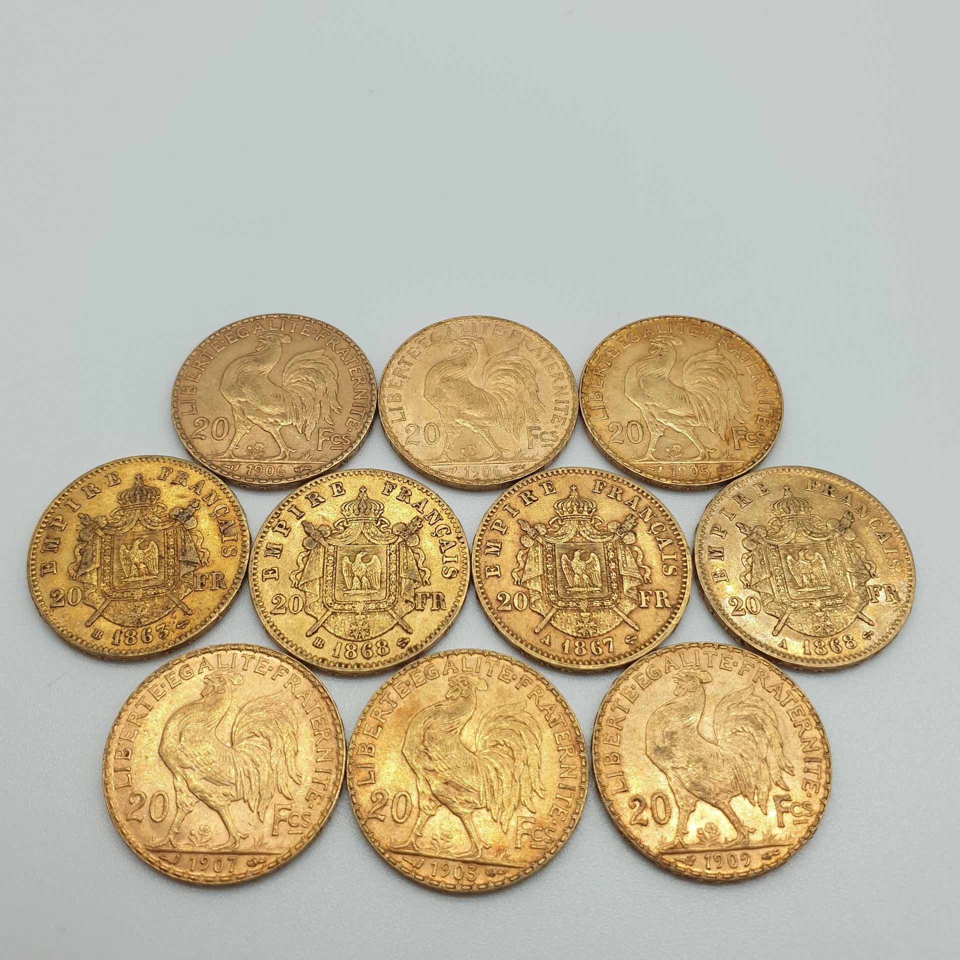 Null Lot de dix pièces d'or, dont six pièces de 20 francs or au coq, 1905, 1907,&hellip;