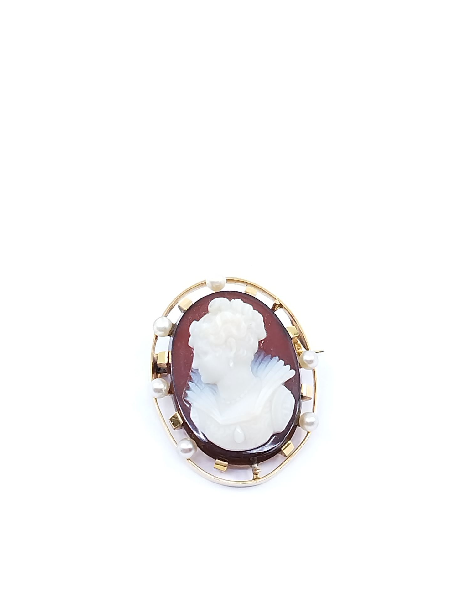 Null 法国的工作

红玉髓上的CAMEE代表一位女士的轮廓，750°的黄金戒指上有珍珠点缀（缺失）。

变形的环

毛重 : 10,48 g
