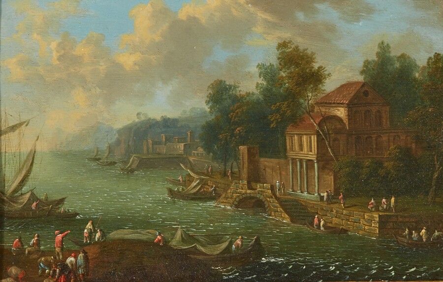 Null École flamande vers 1700, suiveur de GREVENBROECK 

Paysage fluvial animé

&hellip;