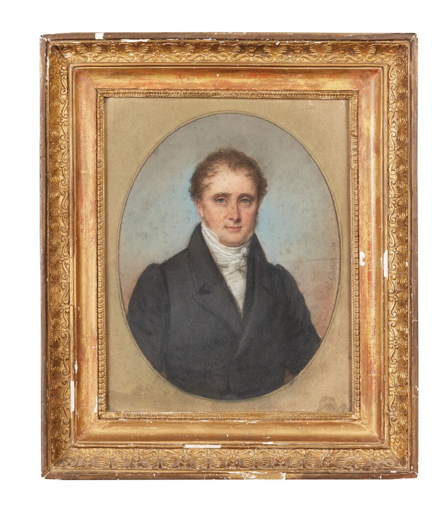 Null 约翰-戈尔比茨 (1782-1853)

穿着灰色连衣裙的男子画像，画的是椭圆形的。

粉彩画，右侧有签名和日期1828年

(有些潮湿的痕迹。)

&hellip;