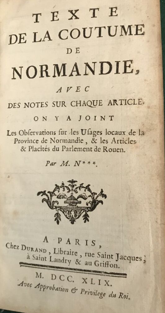 Null Texte de la coutume de Normandie 

Paris, 1749, chez Durand

Un petit volum&hellip;