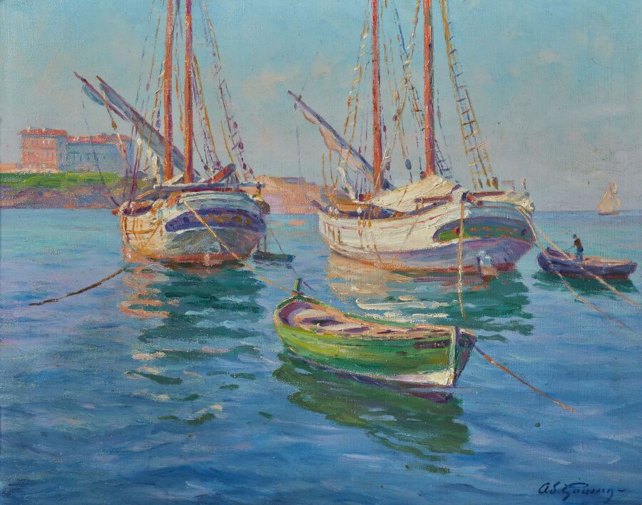 Null 阿道夫-路易-古森 (1871-1954)
马赛港的Langoustiers（在法罗宫前）。
布面油画，右下角有签名，背面画框上有标题
高度：33.5&hellip;