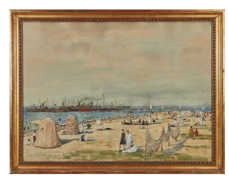 Null 让-路易-莱福特 (1875-1954)
阿卡宗的海滩
水彩画和水粉画
左下角有签名，献给 "致加斯顿和拉帕杜夫人，纪念与他们在阿卡松度过的15天--&hellip;