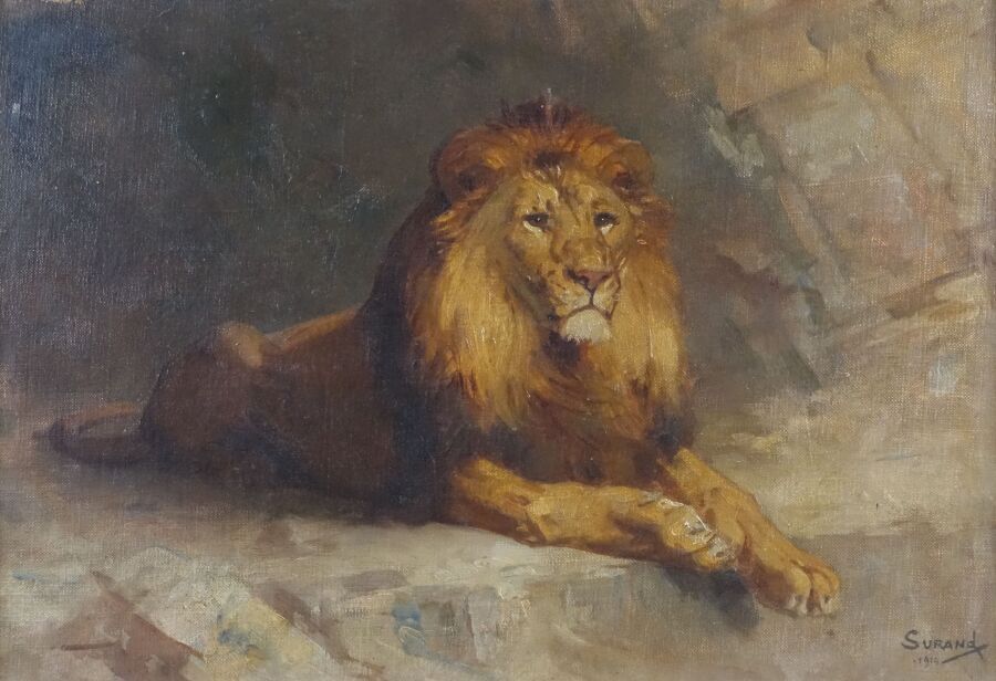 Null 古斯塔夫-苏兰 (1860-1937)
躺着的狮子，1914年
布面油画，右下方有签名和日期
(背面有一块。)
高度：36厘米36厘米；宽度：55厘米&hellip;