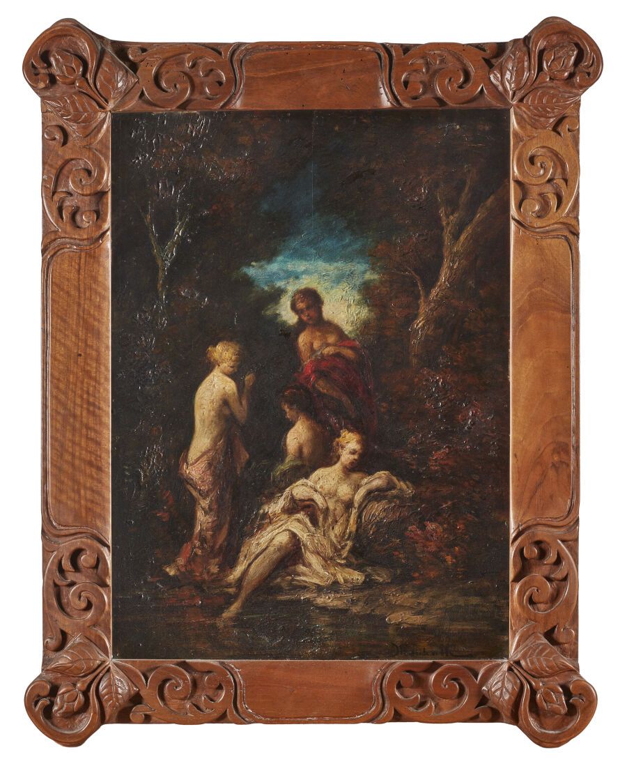 Null Attributed to Adolphe MONTICELLI (1824-1886)
Nymphs 
Oil on panel, one plat&hellip;