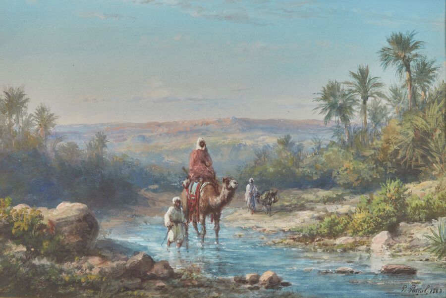 Null 保罗-帕斯卡尔 (1832-1903)
绿洲中的人和骆驼
水粉画，右下方有签名和日期1883年 
高度：17厘米17厘米；宽度：25厘米（视线范围内的&hellip;
