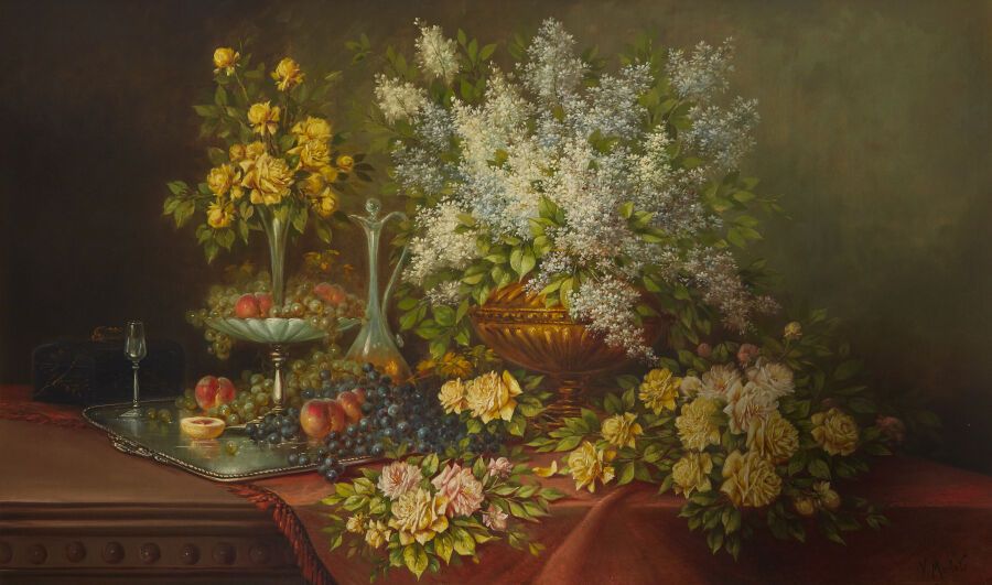 Null V. MARLOT (XIX-XXe s.)
Composition aux vases fleuris et au plateau d'argent&hellip;