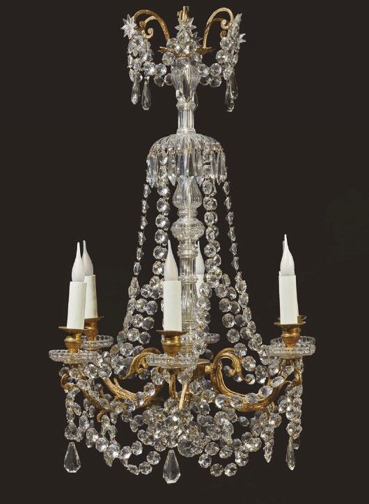 Null Piccolo lampadario in bronzo e vetro tagliato a sei luci con decorazione a &hellip;