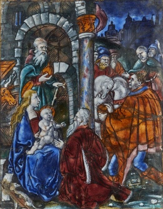 Null 多彩画珐琅盘，描绘了麦琪的崇拜；反珐琅在软糖中。
利摩日，16世纪中叶
(轻微破损和事故。)
高度：21厘米21厘米；宽度：16厘米
在一个模制的木框&hellip;