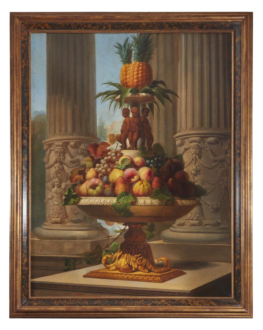 Null POLLET-LEFÈBVRE (19世纪)
在建筑环境中的菠萝水果碗
布面油画，左下方有签名，日期为1855年 
(修复。)
身高：145厘米145&hellip;