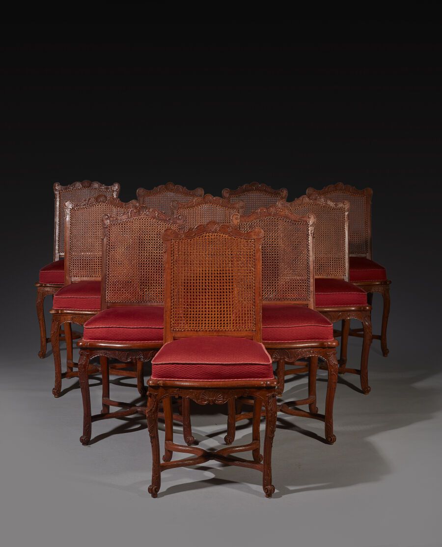 Null Suite of ten molded and carved beechwood caned chairs, with flat backs deco&hellip;