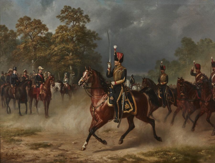 Null 阿尔弗雷德-桑特-玛丽（1853年至1870年活跃）。
"锦衣卫炮兵团在皇帝和皇后面前经过的游行"。
布面油画，左下角有签名
高度：55厘米55厘米；&hellip;