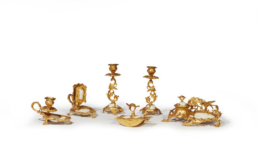 Null Porcelain desk set with gilt bronze mounting including a candlestick, an in&hellip;