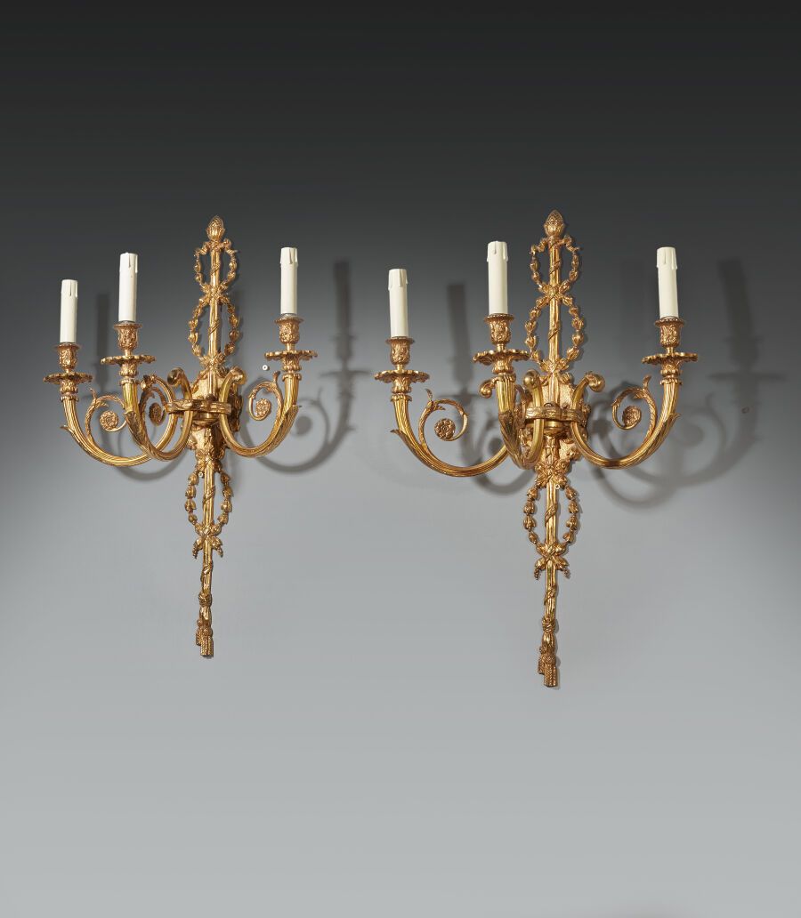Null Pair of ormolu sconces with three arms of light decorated with scrolls, the&hellip;