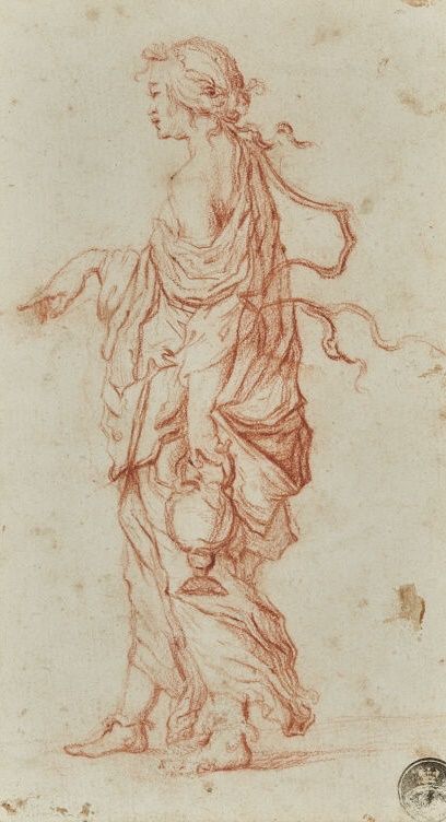 Null 17世纪的佛罗伦萨学校
一个披头散发的女人拿着一个水壶
三毛
底部有一个印章（lnr）。
(污点，雀斑，略微失色，图画翻倍）。
高度：17.6厘米17&hellip;