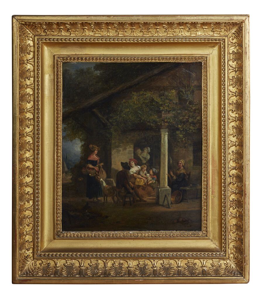 Null 归功于让-路易-德马内（1744-1829）。
凉亭下的家庭聚会
胡桃木板一板，未拼接
背面有墨水题记：布鲁诺
高度：29厘米29厘米；宽度：26厘米&hellip;