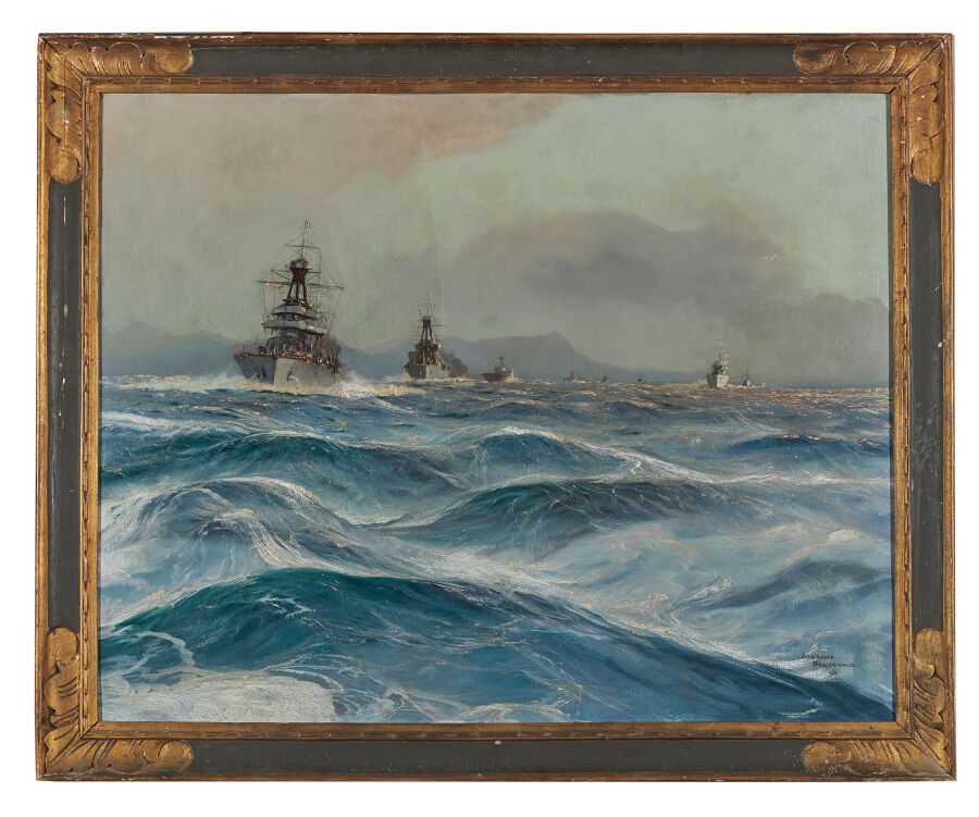 Null 让-路易-帕居诺 (1876-1952) 
翼，海上的巡洋舰
约1926年
面板油画，右下角有签名 
(中间可见垂直划痕。)
高度：73.5厘米73.&hellip;