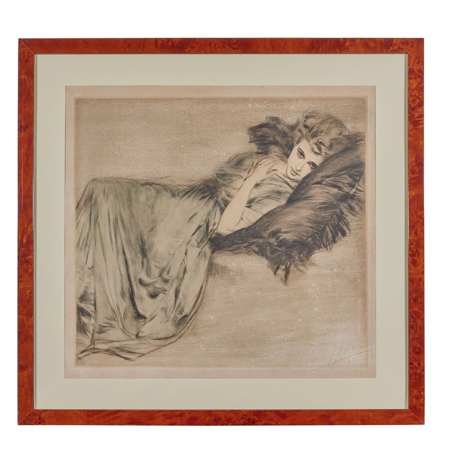 Null 保罗-塞萨尔-赫勒鲁（1859-1927）的风格 
躺着的女人手捂心脏的雕刻
干点法，右下角有签名（未确定）
高度：53.5厘米53.5厘米；宽度：5&hellip;