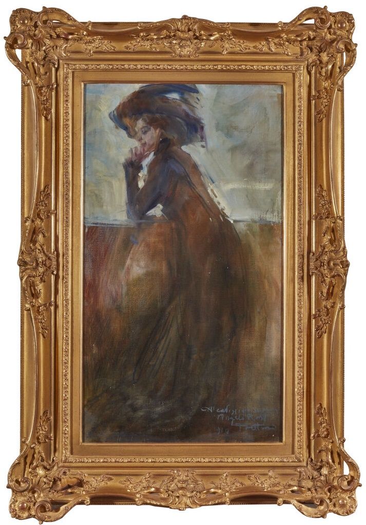 Null Cesare FRATINO (1886-1969)
带帽子的优雅女人
布面油画，右下方有签名和1919年的日期，专用或标题
高度：70.5厘米70.&hellip;