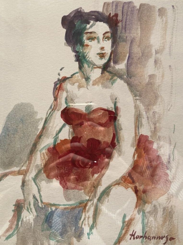 Null Haroution HORHANNES (XXe siècle)
Femme à la robe rouge
Encre et aquarelle
H&hellip;