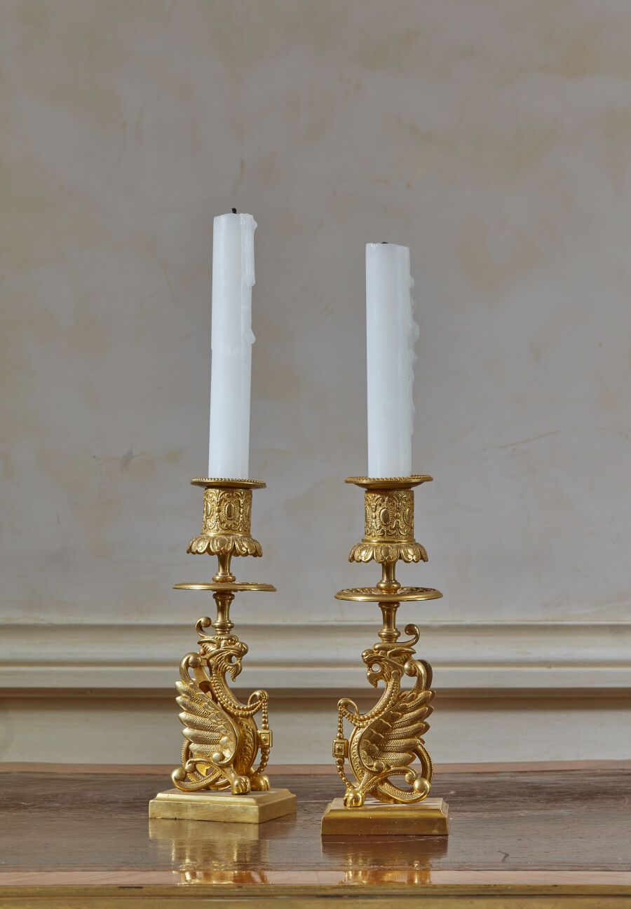 Null Pair of small gilt brass torches, the shaft representing a chimera resting &hellip;