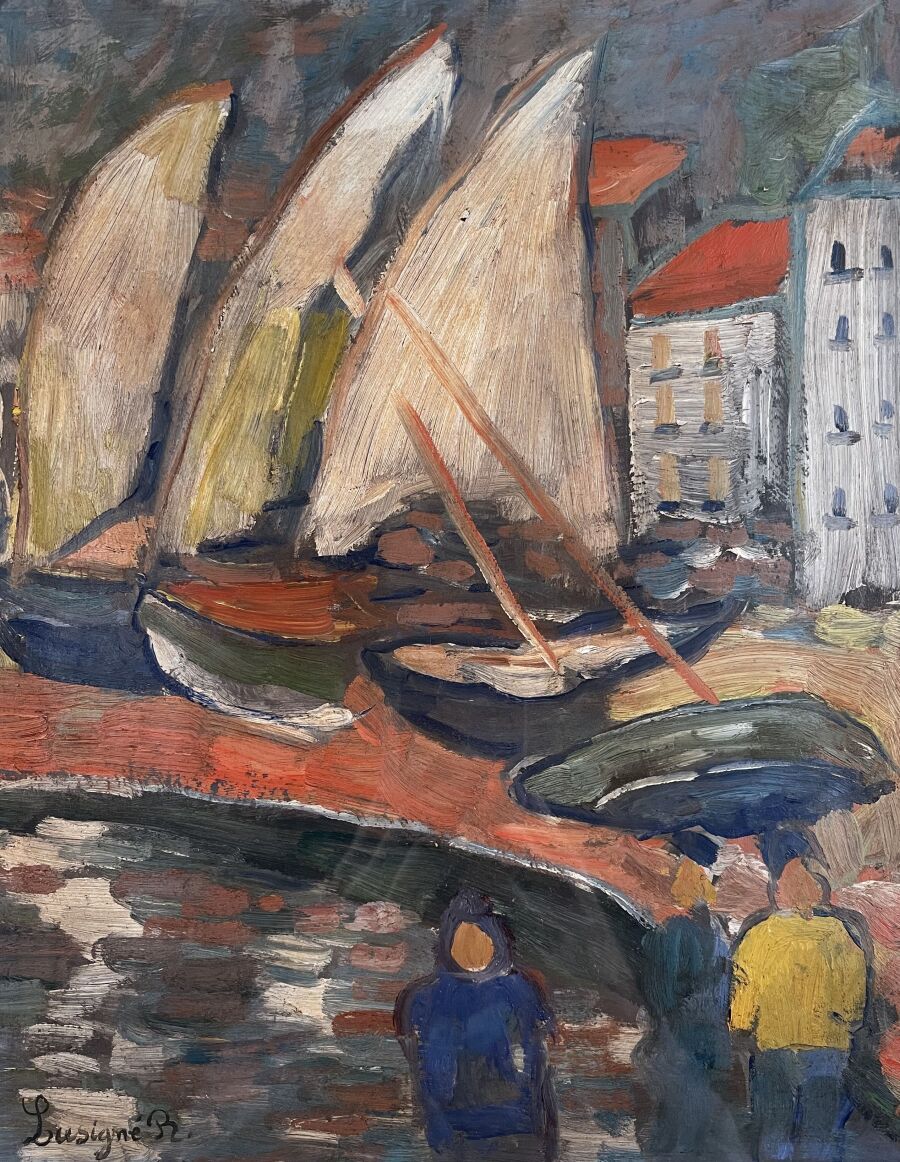 Null R.LUSIGNÉ（20世纪）
港口的帆船
纸上油画，左下角有签名
高度：32厘米32厘米；宽度：26厘米（视线范围内的尺寸）
有框，在玻璃下