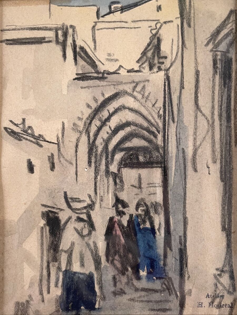 Null Henri HOURTAL (1877-1944)
东方巷；花
双面绘图
水墨和木炭，水彩和木炭，正面右下方有工作室的印章，背面左上方有石墨注释的痕迹&hellip;