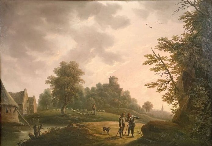 Null 大卫-特尼耶斯（1610-1690），风格为 
风景中的人和狗 
木板上的油画 
(修复。) 
高25厘米；宽度：36厘米