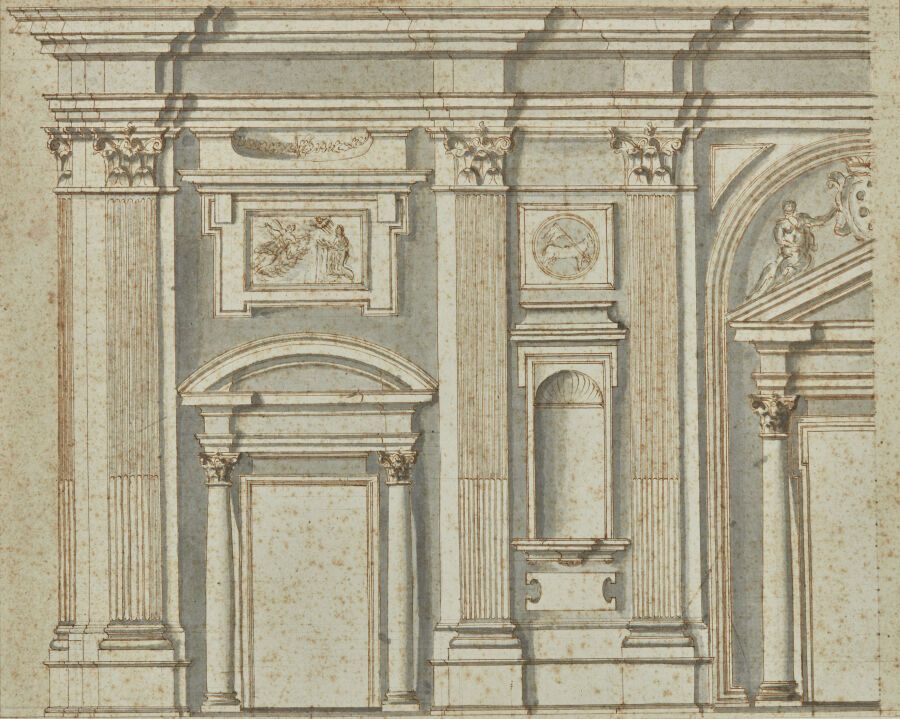 Null Neoklassische Schule 
Aufriss eines Gebäudeflügels 
Feder und braune Tinte,&hellip;