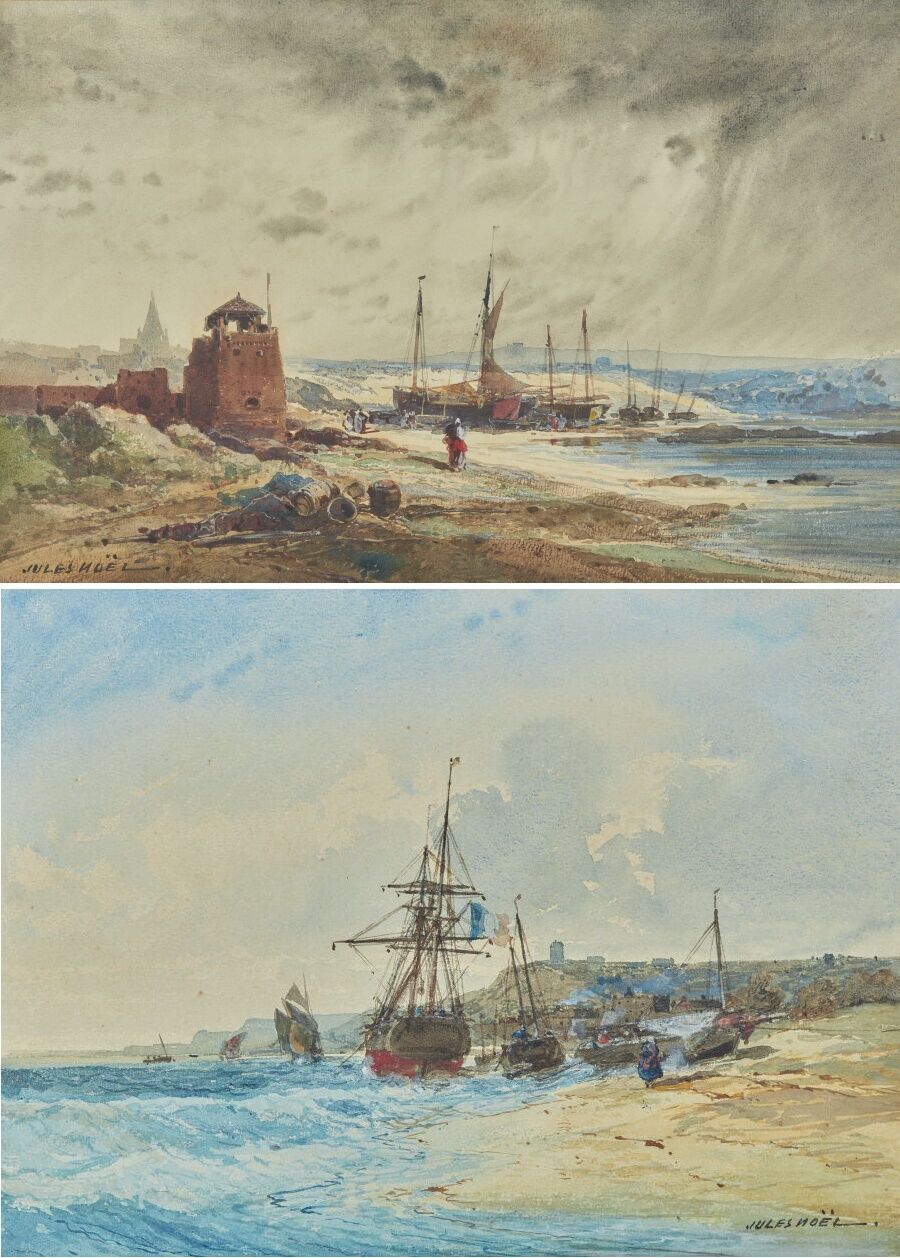 Null 儒勒-诺埃尔 (1810-1881)
海滩上的船：一对
水彩画和水粉画
高23.5和25.5厘米；宽33.5和36.5厘米
一幅左下方有签名，另一幅右&hellip;