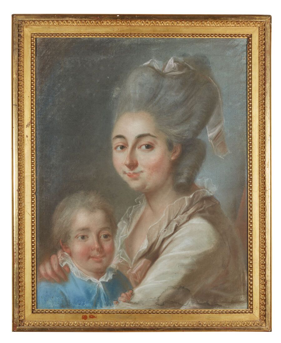 Null 18世纪法国学校
夏洛特-拉米-德-沙特尔抱着她的儿子路易-胡因-德-弗内维尔的推定肖像
纸上粉彩和白粉笔铺在画布上
(污点，小穿孔。)
高57厘米；&hellip;