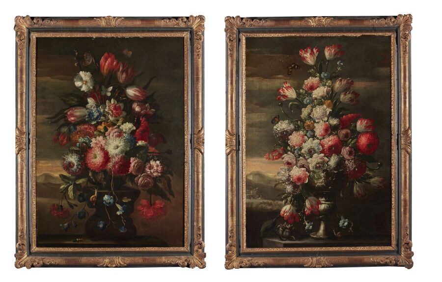 Null Nello stile di Karel VAN VOGELAER 
Mazzi di fiori 
Coppia di dipinti
(Vecch&hellip;