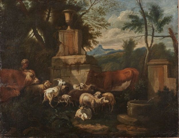 Null 罗马学校，约1700年，Philipp Peter Roos（约1655-1706）的追随者
喷泉边的牛群
镶嵌在面板上的帆布
(旧的修复。)
高69&hellip;